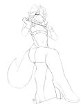  anthro black_and_white bodysuit canid canine clothing dusty_(princedusty) floppy_ears footwear girly hair hair_over_eye hi_res high_heels male mammal monochrome one_eye_obstructed riding_crop sketch skinsuit smug solo step_pose tight_clothing whip yourbnuuy 