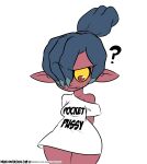  2021 biped bottomless clothed clothing dankodeadzone demon demon_humanoid disney female frown hi_res humanoid humanoid_pointy_ears imp kikimora_(the_owl_house) mammal partially_clothed question_mark red_body red_eyes red_skin shirt shirt_only short_stack simple_background solo text the_owl_house thick_thighs topwear topwear_only white_clothing white_shirt white_topwear wide_hips yellow_sclera 