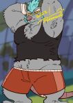  2023 anthro armpit_hair blue_hair body_hair bottomwear brok_the_investigator clothing dart_(brok_the_investigator) doromiez fur grey_body grey_fur hair kemono male mammal murid murine navel rat rodent shirt shorts solo topwear 