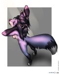  2023 breasts canid canine eyes_closed female fox foxboy83 fur hands_behind_head hi_res mammal nude purple_body purple_fur rosemary_(tootaloo) 