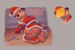  biped bottomless cheese cheese_slap chester_the_otter christmas christmas_clothing christmas_lights clothed clothing dairy_products food hi_res holidays hotelkamikaze lying male mammal mostly_nude mustelid otter pawpads paws robe robe_only solo 