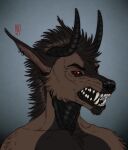  2020 anthro artist_logo big_fangs black_body black_nose black_scales black_sclera black_tongue brown_body brown_fur brown_hair bust_portrait canid cheek_tuft chest_tuft dated ear_piercing ear_ring facial_tuft fangs fur glistening glistening_eyes hair hi_res logo long_ears male mammal mohawk nude open_mouth piercing portrait pupils red_eyes ring_piercing riorix scales sharp_teeth shoulder_tuft simple_background slit_pupils solo teeth tongue tuft 