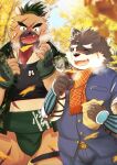  anthro brown_body brown_fur canid canine canis clothing domestic_dog duo eating food fur haiiro_oekaki hi_res lifewonders male mammal moritaka musclegut plant scar scarf school_uniform sweet_potato tokyo_afterschool_summoners uniform vegetable yasuyori 