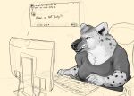  2023 5_fingers angry anthro big_breasts breasts cleavage clenched_teeth clothed clothing comment computer digital_media_(artwork) doctordj english_text female fingers fur hi_res humanoid_hands hyena keyboard mammal solo spotted_hyena teeth text 