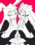  aisu_beckhan_(asiu_roaile) aisu_roaile anthro big_breasts black_and_white black_clothing bow_tie breasts bunny_costume clothing costume demon duo fan_character female hair hazbin_hotel hi_res lilith_magne_(hazbin_hotel) line_art long_hair looking_at_viewer monochrome pose smile smiling_at_viewer 