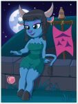  2019 activision anthro blue_body blue_fur breasts brown_hair cleavage clothed clothing doctor-g dress eyelashes faun female flag_(object) fur grass green_clothing green_dress green_eyes hair hi_res horn krista_(spyro) lipstick makeup moon night plant solo spyro_the_dragon star strapless_clothing strapless_dress yo-yo 