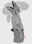  2022 anthro artist_name biped bottomwear clothed clothing felid feline fire fully_clothed fur grey_background grey_body grey_clothing grey_fur greyscale hair halftone hi_res killcuspid looking_at_viewer male mammal monochrome palmer_(kilcuspid) pants scut_tail serval short_tail simple_background smoke smoking solo stagsbane standing tail three-quarter_view whiskers 