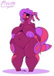  anthro areola arthropod belly big_belly big_breasts bodily_fluids breasts female generation_5_pokemon generation_6_pokemon genital_fluids genitals goodra hands_on_hips huge_breasts huge_thighs hybrid navel nintendo nipples overweight overweight_anthro overweight_female pixcello pokemon pokemon_(species) pussy pussy_juice red_body red_eyes scolipede signature simple_background solo standing thick_thighs wide_hips yellow_sclera 