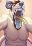  2020 anthro artist_logo blue_horn blue_nose blue_saliva bodily_fluids bust_portrait canid cheek_tuft curled_horn dated drooling facial_tuft fangs front_view fur glistening glistening_eyes green_eyes hi_res horn logo looking_at_viewer male mammal mouth_shot narrowed_eyes nipples nude open_mouth piercing portrait riorix saliva saliva_on_tongue saliva_string shoulder_tuft simple_background solo square_glasses stud_piercing teeth tongue tongue_piercing tongue_stud tuft unusual_bodily_fluids unusual_saliva whiskers white_body white_fur yellow_nipples 