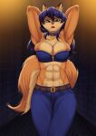  abs anthro big_breasts breasts canid canine carmelita_fox cleavage clothed clothing collar female fox hands_behind_head hi_res looking_at_viewer madara_artworks mammal midriff muscular muscular_female sly_cooper_(series) solo sony_corporation sony_interactive_entertainment sucker_punch_productions 