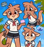  2022 anthro blush brown_body brown_fur clothed clothing cute_fangs dialogue digital_media_(artwork) english_text fully_clothed fur hi_res holding_object jayrnski mammal mustelid otter ottie_(jayrnski) solo speech_bubble text 