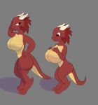  big_breasts breasts digitigrade duo female hi_res horn keyboard_warlord kobold red_body red_eyes red_scales scales short_stack size_transformation transformation yellow_body yellow_scales 