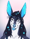  2020 anthro artist_logo blep blue_inner_ear blue_nose bust_portrait canid dated eyes_closed female front_view grey_body grey_ears hi_res logo mammal nude piercing portrait riorix simple_background solo star suslick_(character) tongue tongue_out tongue_piercing tongue_stud white_body 