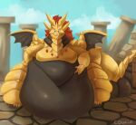  4_fingers anthro armor belly big_belly cowiie cracked_ground dark_souls dragon dragonslayer_ornstein fingers fromsoftware green_eyes grin hair hand_on_hip hand_on_stomach hi_res huge_hips huge_thighs hyper hyper_belly looking_at_viewer male moobs morbidly_obese morbidly_obese_anthro morbidly_obese_male navel obese obese_anthro obese_male outside overweight overweight_anthro overweight_male red_hair sharp_teeth signature smile solo standing tail teeth thick_tail thick_thighs wings yellow_body 