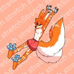  2_tails absurd_res anthro blue_pawpads canid canine cheek_tuft chest_tuft english_text eyes_closed facial_tuft feet fox fur hi_res male mammal multi_tail multicolored_body multicolored_fur orange_background orange_body orange_fur pawpads paws simple_background smile solo spread_toes stretching tail text the_xing1 toes tuft two_tone_body two_tone_fur white_body white_fur 
