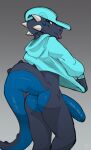  anthro balls beep big_penis biped black_body black_scales blue_balls blue_body blue_penis blue_scales bottomless butt clothed clothing foreskin genitals hat headgear headwear hi_res hoodie hoodie_only horn humanoid_genitalia humanoid_penis looking_back male meatshaq penis rear_view scales scalie shaq_(meatshaq) solo tongue tongue_out topwear topwear_only 