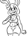  467adv anthro athletic athletic_female black_and_white bottomwear breasts buckteeth camel_toe cleavage clothed clothing clothing_pull female hair hi_res lagomorph leporid long_ears mammal monochrome navel open_mouth rabbit solo teeth topwear topwear_pull 