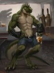  alcohol anthro bar bear belt beverage bottomwear bulge claws clothed clothing cutoffs denim denim_clothing dinosaur dog_tags fingerless_gloves glass gloves green_body green_scales handwear hi_res inside jewelry looking_at_viewer male mammal muscular muscular_anthro muscular_male necklace nipples partially_clothed party reptile scales scalie scar sharp_teeth shirtless shorts shorts_only smile spiked_gloves spikes standing teeth theropod tyrannosaurid tyrannosaurus tyrannosaurus_rex yonsia 