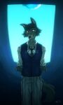  2020 abstract_background anthro beastars canid canine canis clothed clothing dated front_view fur grey_body grey_fur hands_behind_back hi_res ingi legoshi_(beastars) looking_aside male mammal moon necktie school_uniform signature solo standing topwear uniform vest watermark window wolf 