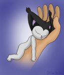  anthro black_body black_fur blep butt daww disembodied_hand espurrito eyes_closed face_squish felid feline female fur glistening head_on_hand hi_res lying mammal nude on_front paws sleeping solo squish tongue tongue_out tuft white_body young 