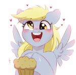  &lt;3 blonde_hair blush derp_eyes derpy_hooves_(mlp) equid equine feathered_wings feathers female feral food friendship_is_magic grey_body grey_feathers hair happy hasbro mammal melodylibris muffin my_little_pony open_mouth open_smile pegasus smile solo wings yellow_eyes 