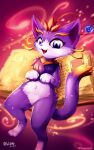  2020 anthro artist_name barefoot biped book chest_tuft dated digital_media_(artwork) eyelashes feet felid feline female fur gold_(metal) gold_jewelry hi_res hindpaw jewelry league_of_legends looking_at_viewer lunesnowtail mammal navel open_mouth paws pink_nose purple_body purple_eyes purple_fur red_tongue riot_games shaded solo tail tail_tip text tongue tuft unknown_text yuumi_(lol) 