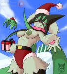  :3 absurd_res anthro areola batartcave breasts christmas christmas_clothing christmas_headwear clothed clothing female fur generation_9_pokemon green_areola green_body green_fur green_nipples hat headgear headwear hi_res holidays medium_breasts meowscarada nintendo nipples pokemon pokemon_(species) santa_hat solo thick_thighs topless 