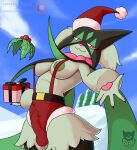  :3 absurd_res anthro areola balls_outline batartcave breasts bulge christmas christmas_clothing christmas_headwear clothed clothing erection fur generation_9_pokemon genital_outline green_areola green_body green_fur gynomorph hat headgear headwear hi_res holidays intersex medium_breasts meowscarada nintendo penis_outline pokemon pokemon_(species) santa_hat solo thick_thighs 