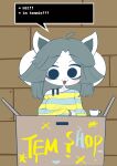  absurd_res anthro beverage clothed clothing coffee coffee_mug dialogue female grey_hair hair hi_res hss_dada off_shoulder pattern_clothing simple_eyes solo speech_bubble striped_clothing stripes talking_to_viewer tem temmie_(undertale) undertale undertale_(series) white_body 