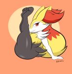  3_toes anthro braixen breasts canid canine daison_the_fox feet female fluffy fluffy_tail fox fur generation_6_pokemon hi_res legs_up long_ears looking_at_viewer mammal nintendo pokemon pokemon_(species) red_eyes sitting stretching tail thick_thighs toes yellow_body yellow_fur 
