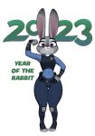  2023 3_toes 4_fingers anthro breasts clothed clothing disney english_text eyebrows feet female fingers flexing full-length_portrait fur grey_body grey_fur hand_on_hip hi_res holidays judy_hopps lagomorph leporid long_ears looking_at_viewer mammal multicolored_body multicolored_fur new_year portrait purple_eyes qupostuv35 rabbit simple_background smile smiling_at_viewer solo text thick_thighs toes two_tone_body two_tone_fur uniform white_background white_body white_fur wide_hips zootopia 
