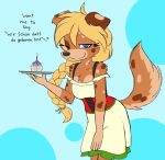  2022 anthro australian_shepherd birthday birthday_cake blonde_hair blue_eyes braided_hair braided_ponytail breasts brown_body brown_fur cake candle canid canine canis clothed clothing cupcake dessert dialogue digital_media_(artwork) domestic_dog dress english_text female floppy_ears food fully_clothed fur german_text hair herding_dog hi_res looking_at_viewer mammal one_eye_closed pastoral_dog ponytail sheepdog simple_background smile solo spots spotted_body spotted_fur text translated w0lfmare wink zofie_(fluff-kevlar) 