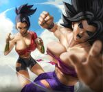  2girls absurdres battle bike_shorts black_eyes black_hair blue_sky breasts caulifla cleavage cloud dragon_ball dragon_ball_super earrings elite_nappa highres incoming_attack incoming_punch jewelry kale_(dragon_ball) large_breasts looking_at_viewer multiple_girls navel nipples open_mouth pants pink_tube_top ponytail pov punching purple_pants sky spiked_hair strapless sweat torn_clothes tube_top 