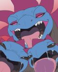  black_eyes blue_body bodily_fluids dragon drooling evergreenplate fangs female feral generation_5_pokemon hi_res hydreigon licking looking_at_viewer mouth_shot multi_head nintendo open_mouth pokemon pokemon_(species) purple_eyes saliva saliva_string simple_background smile solo teasing teeth tongue tongue_out 
