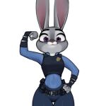 2023 anthro clothed clothing disney female flexing fur grey_body grey_fur hi_res judy_hopps lagomorph leporid looking_at_viewer mammal multicolored_body multicolored_fur purple_eyes qupostuv35 rabbit simple_background smile smiling_at_viewer solo two_tone_body two_tone_fur uniform white_body white_fur wide_hips zootopia 