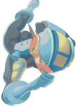  1boy arm_cannon ass black_bodysuit bodysuit clenched_hand gloves green_eyes helmet highres looking_at_viewer male_focus mega_man_(series) mega_man_battle_network megaman.exe open_mouth simple_background weapon white_background zinguuzisaburou 