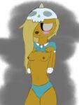  2017 adventure_time anthro bear blonde_hair blush breasts bronwyn canid canine canis cartoon_network clothed clothing clothing_lift colored_sketch domestic_dog female flashing flashing_breasts hair hat headgear headwear hi_res horn hybrid mammal navel panties rainicorn rickityrabbit shy sketch small_breasts solo underwear yellow_body young 