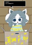  absurd_res animated anthro beverage clothed clothing coffee coffee_mug dialogue female grey_hair hair hi_res hss_dada off_shoulder pattern_clothing simple_eyes solo speech_bubble striped_clothing stripes talking_to_viewer tem temmie_(undertale) undertale undertale_(series) white_body 