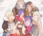  3girls 4boys adapted_costume animal blonde_hair byleth_(fire_emblem) byleth_(fire_emblem)_(female) byleth_(fire_emblem)_(male) chinese_zodiac claude_von_riegan d_kenpis dimitri_alexandre_blaiddyd dual_persona edelgard_von_hresvelg enlightened_byleth_(female) enlightened_byleth_(male) fire_emblem fire_emblem:_three_houses fire_emblem_warriors:_three_hopes fur_collar green_hair hair_over_one_eye haori highres holding holding_animal japanese_clothes kimono looking_at_viewer looking_up multiple_boys multiple_girls official_alternate_hairstyle purple_hair rabbit scarf shez_(fire_emblem) shez_(fire_emblem)_(female) shez_(fire_emblem)_(male) smile snow white_hair year_of_the_rabbit 