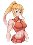  1girl abs absurdres artist_name bangs bare_arms bare_shoulders biceps blonde_hair blue_eyes blush breasts caucasian cleavage closed_mouth collarbone cowboy_shot crop_top cropped_legs hair_between_eyes hair_ornament highres large_breasts long_hair looking_at_viewer medium_breasts metroid metroid_(classic) metroid_prime midriff muscular muscular_female navel obliques ponytail samus_aran sidelocks signature simple_background solo sports_bra standing stomach tank_top thighs toned upper_body wakaba_(wata_ridley) white_background 