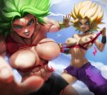  2girls absurdres battle bike_shorts blonde_hair blue_eyes blue_sky breasts breasts_apart caulifla clenched_teeth cloud dragon_ball dragon_ball_super earrings elite_nappa green_hair grin highres incoming_attack jewelry kale_(dragon_ball) large_breasts looking_at_viewer multiple_girls nipples open_mouth pants pink_tube_top pov purple_pants sky smile spiked_hair strapless super_saiyan super_saiyan_2 sweat teeth torn_clothes tube_top 