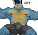  anthro bandit_heeler belly bluey_(series) body_hair bottomwear bulge canid canine chest_hair clothing daddy_kink hi_res himbo himbofication male mammal musclegut pecs shorts solo toro_buull 