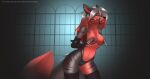  2022 anthro areola black_nose braided_hair breasts canid canine canis clothed clothes_pin clothing crystal_wolf digital_media_(artwork) ear_chain ear_piercing female fur grey_body grey_fur hair hi_res mammal nipple_clamp nipples piercing piranha_fish red_body red_fur solo striped_body striped_fur stripes wolf 