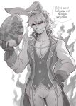  1boy absurdres angry animal_ears chinese_zodiac coattails easter easter_egg egg evomanaphy fake_animal_ears fire fire_emblem fire_emblem_heroes flower gloves greyscale grima_(fire_emblem) hair_flower hair_ornament highres limited_palette monochrome pectorals rabbit_ears red_eyes robin_(fire_emblem) robin_(fire_emblem)_(male) vest white_hair year_of_the_rabbit 