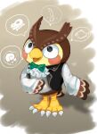  2021 animal_crossing anthro blathers_(animal_crossing) bottomless brown_body brown_clothing brown_jacket brown_topwear clothed clothing full-length_portrait green_bow_tie hi_res iconography jacket male neocerapaima nintendo open_mouth portrait ruffled_collar shirt simple_background smile solo speech_bubble standing tan_background topwear white_clothing white_shirt white_topwear 
