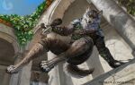  2023 anthro armor biped bottomwear brown_body brown_fur canid canine canis claws clothing detailed_background digital_media_(artwork) digitigrade duo fur grey_body grey_fur hi_res male mammal multicolored_body multicolored_fur padded_armor pants pauldron paws plant red-izak thief toe_claws vambraces vaulting white_body white_fur wolf 