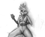  anthro avian beak bird bored breasts cellphone digital_media_(artwork) feathers female fur genitals lying nipples nude on_back phone pussy simple_background small_breasts smile solo spread_legs spreading unknown_artist 