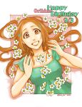  1girl bleach boo_br brown_eyes brown_hair collarbone dated flower green_shirt hair_ornament hairpin happy_birthday inoue_orihime long_hair looking_at_viewer open_mouth petals shirt short_sleeves sidelocks solo upper_body 