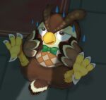  2021 animal_crossing avian bird blathers_(animal_crossing) blush bodily_fluids brown_body claws feet feet_up green_bow_tie lying male neocerapaima nervous nintendo on_back owl solo sweat talons toe_claws 