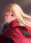  1girl absurdres bangs black_gloves blonde_hair cloak closed_mouth evileye_(overlord) fang fang_out floating_hair from_side garigarigurry gloves hair_between_eyes highres long_hair overlord_(maruyama) red_cloak red_eyes smile solo straight_hair upper_body 